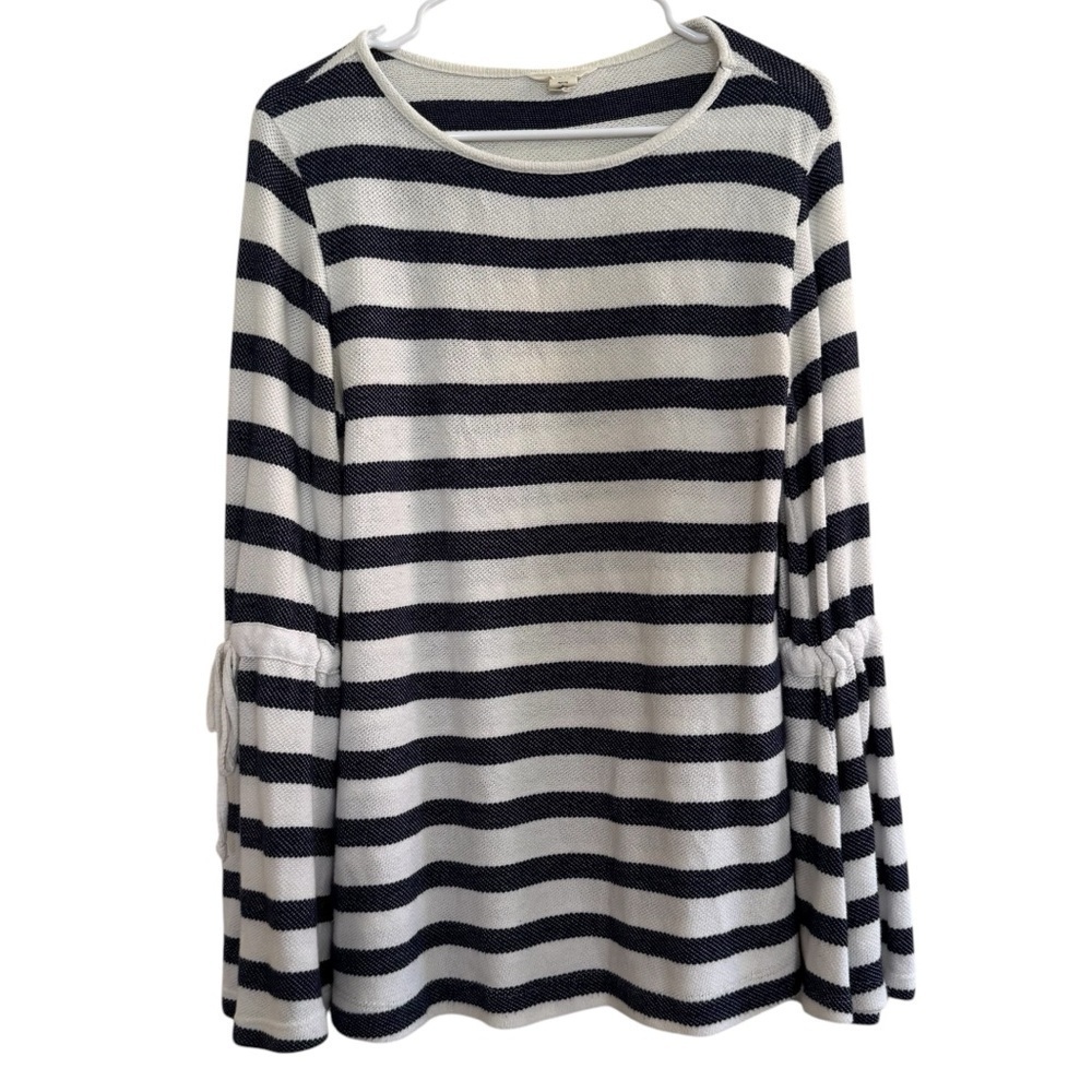 Caslon Blue White Striped Long Sleeve Top Bell Sleeve Coastal Nautical Beach SP